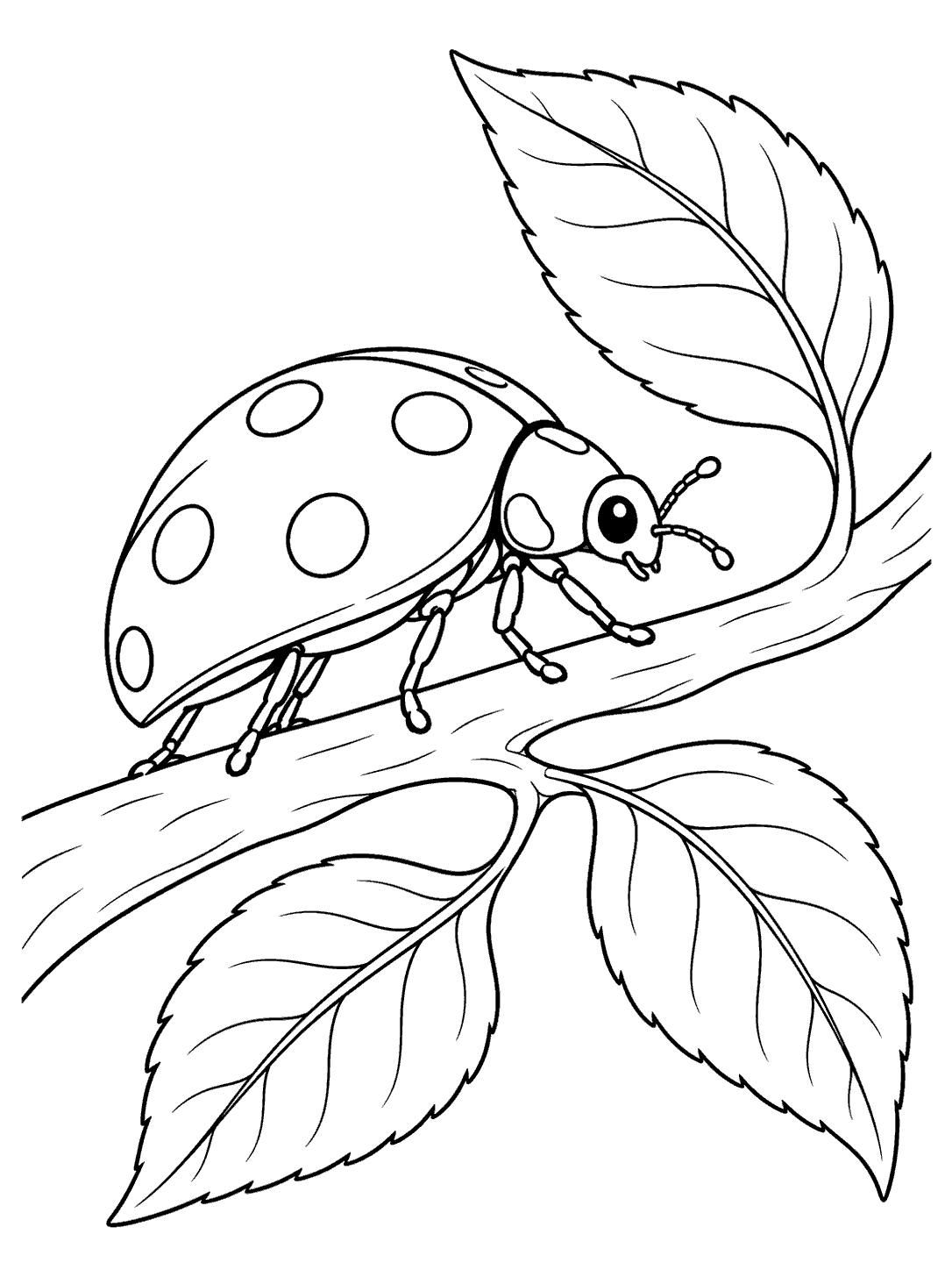 A spotted ladybug walking along a curved branch beneath three outlined leaves in a black-and-white coloring page.