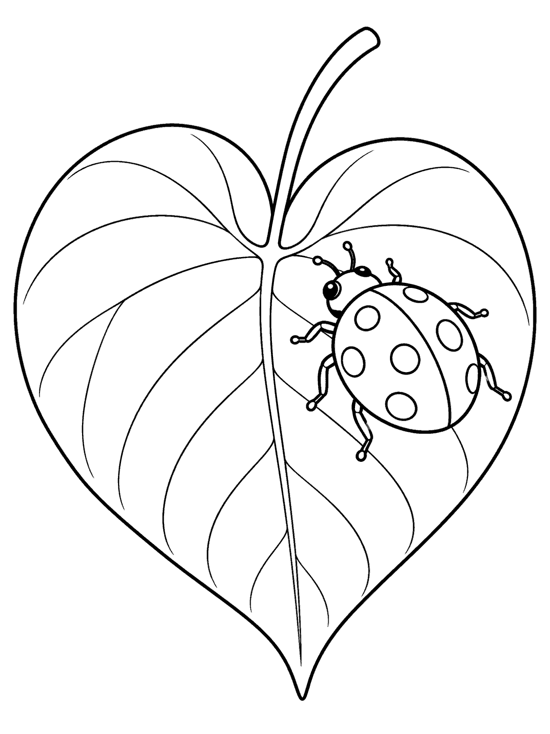 Black-and-white coloring page showing a ladybug with large shell spots resting on a veined heart-shaped leaf.