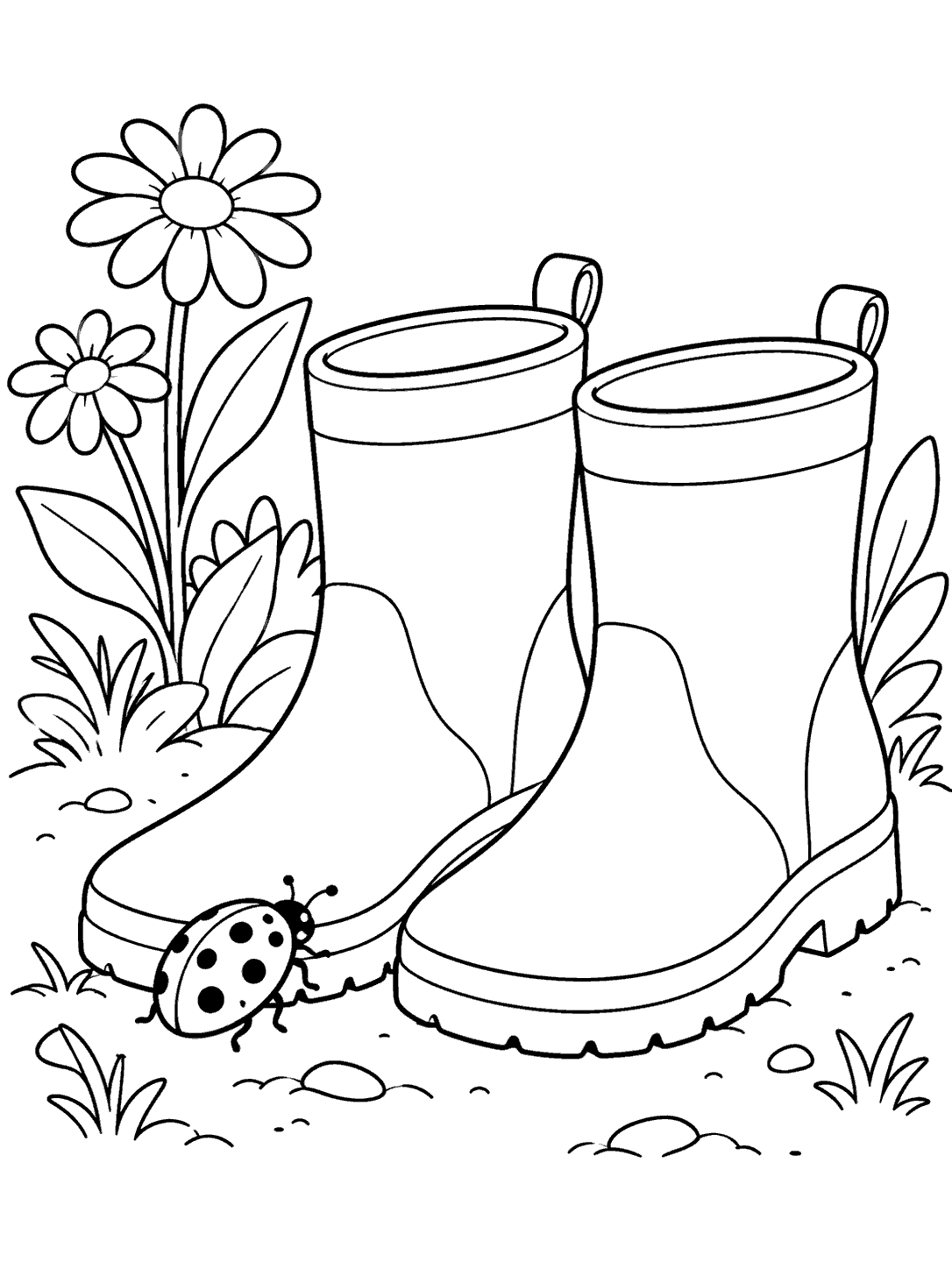 Black-and-white coloring page showing two large gardening boots, a spotted ladybug by one toe, and sparse flowers and leaves.