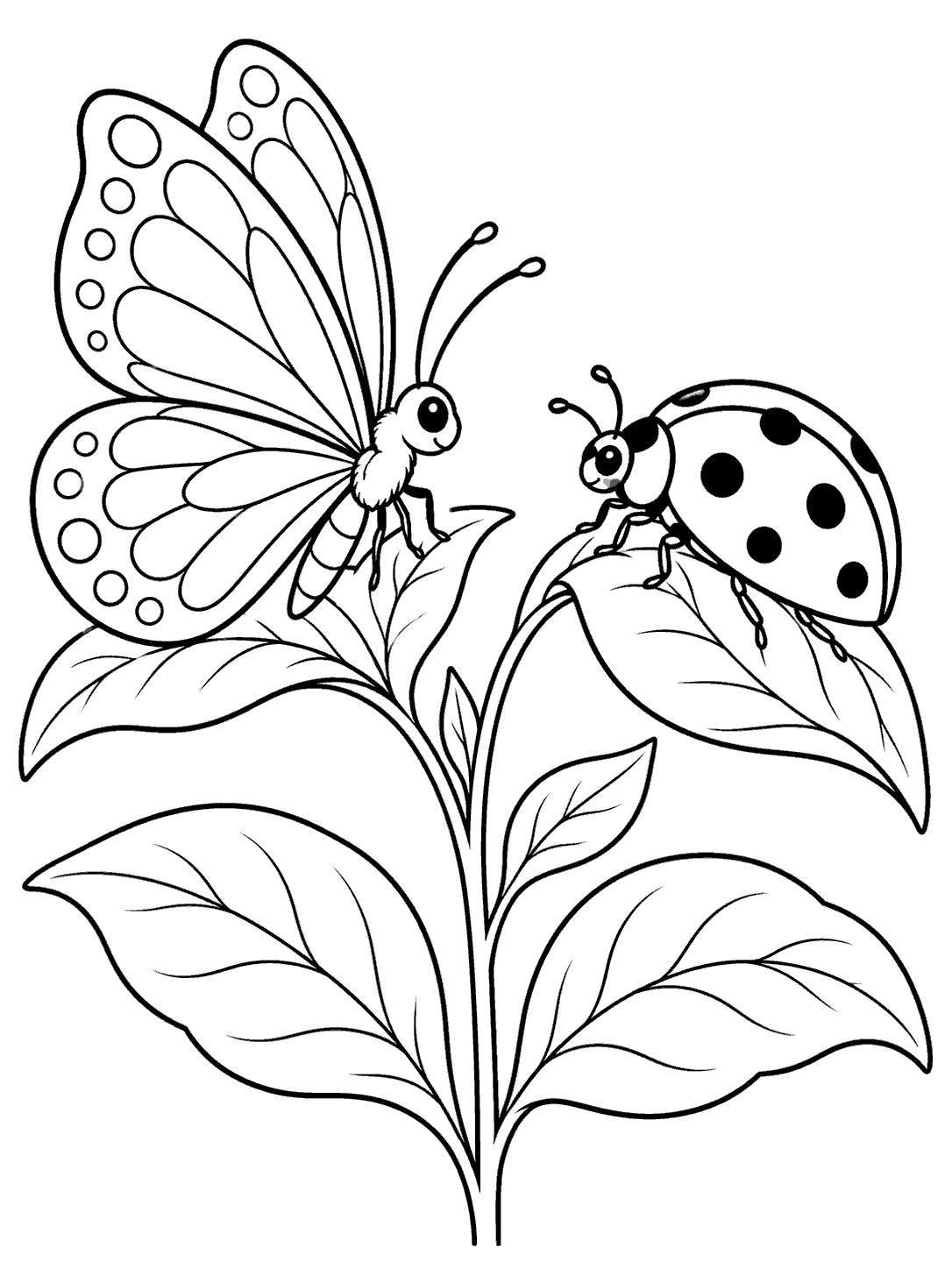 A spotted ladybug and a broad-winged butterfly facing each other among leaves on a printable coloring page.