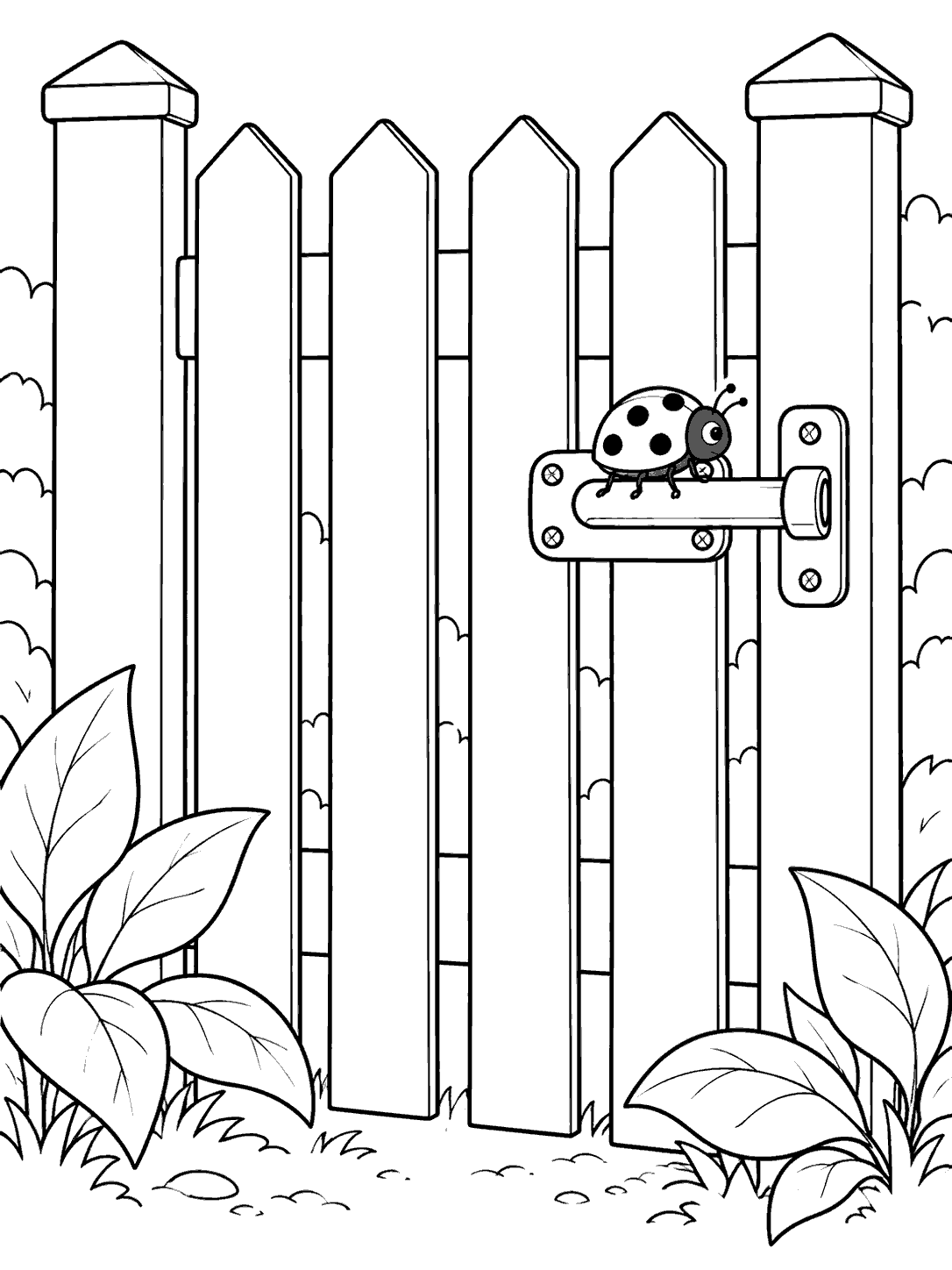 Black-and-white coloring page of a spotted ladybug on a garden gate latch, with broad leaves at the base.