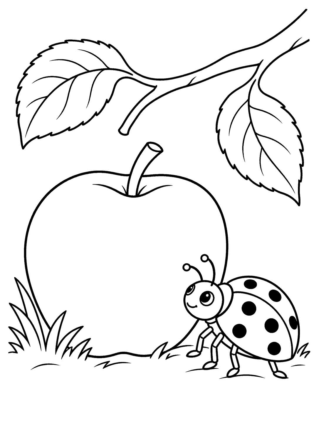 Black-and-white coloring page showing a spotted ladybug beside a large apple under a curved branch with two leaves, with grass along the ground.