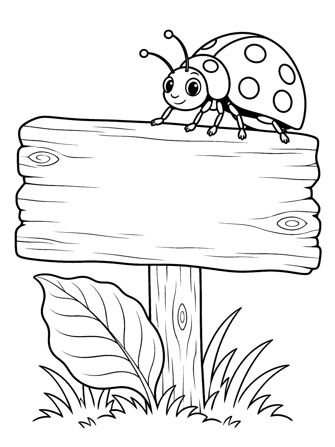 Black-and-white coloring page of a spotted ladybug perched on a blank wooden garden sign, with a broad leaf at the post base.
