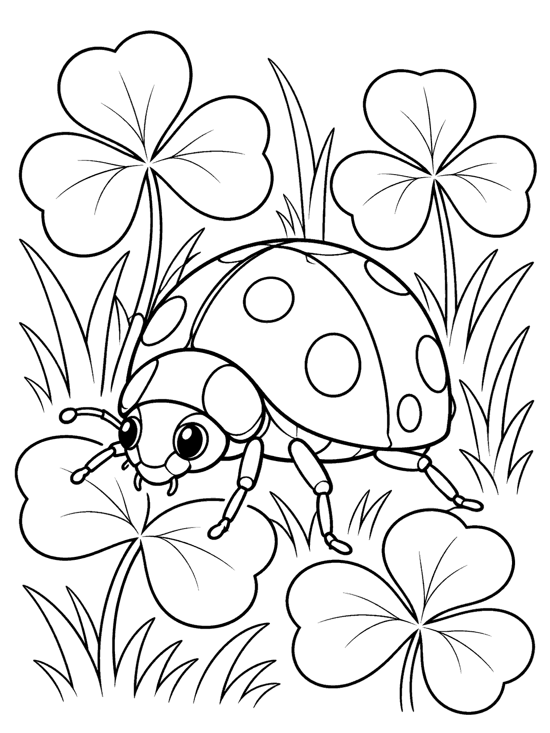 A spotted ladybug walking among large clover leaves and grass, drawn as a black-and-white coloring page.