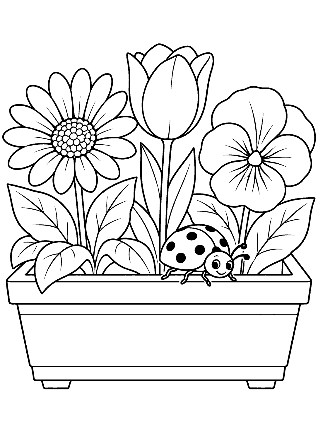 Black-and-white coloring page showing a spotted ladybug on a window box filled with three flowers and leaves.