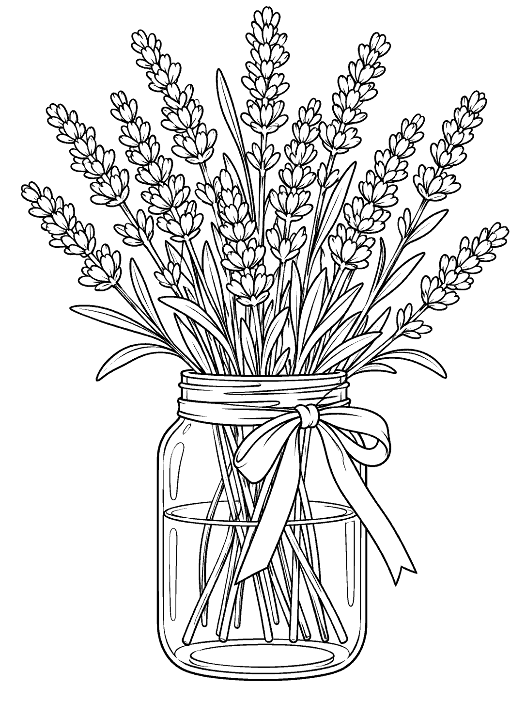 Black outline coloring page of lavender stems and leaves arranged in a ribbon-tied mason jar.