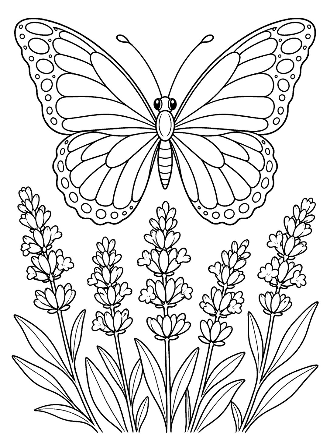 Black-and-white coloring page showing a large symmetrical butterfly above five lavender stems and leaves, with clear printing margins.