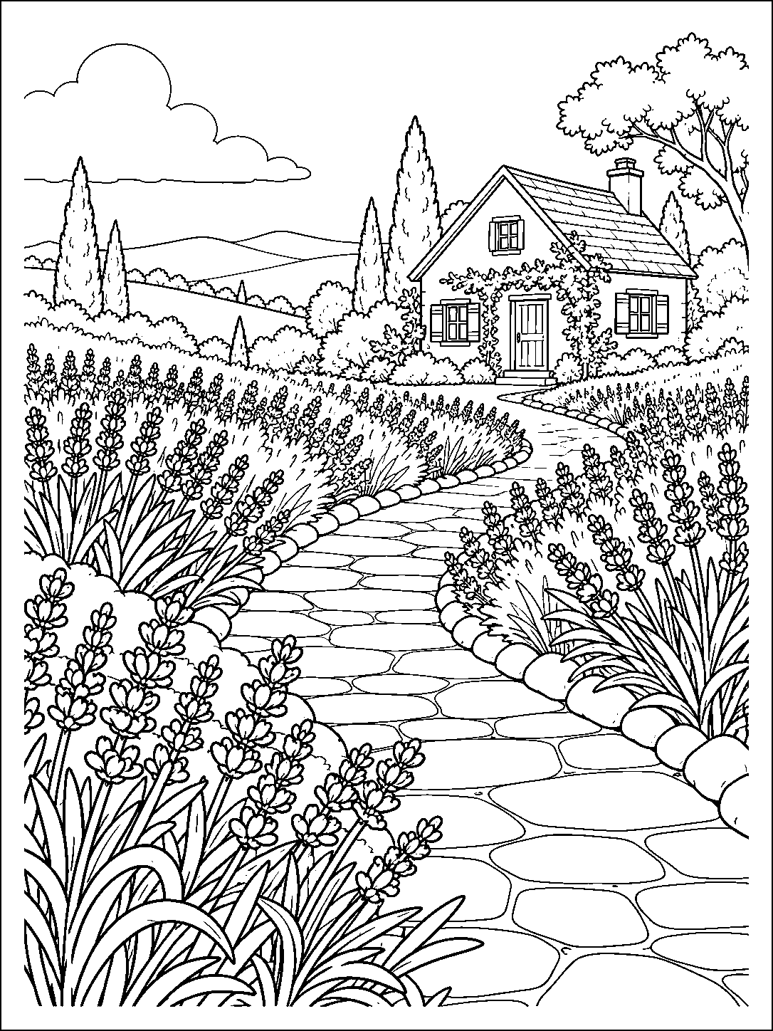 Black-and-white lavender coloring page with a curved garden path, foreground flower spikes, and a cottage in the distance.
