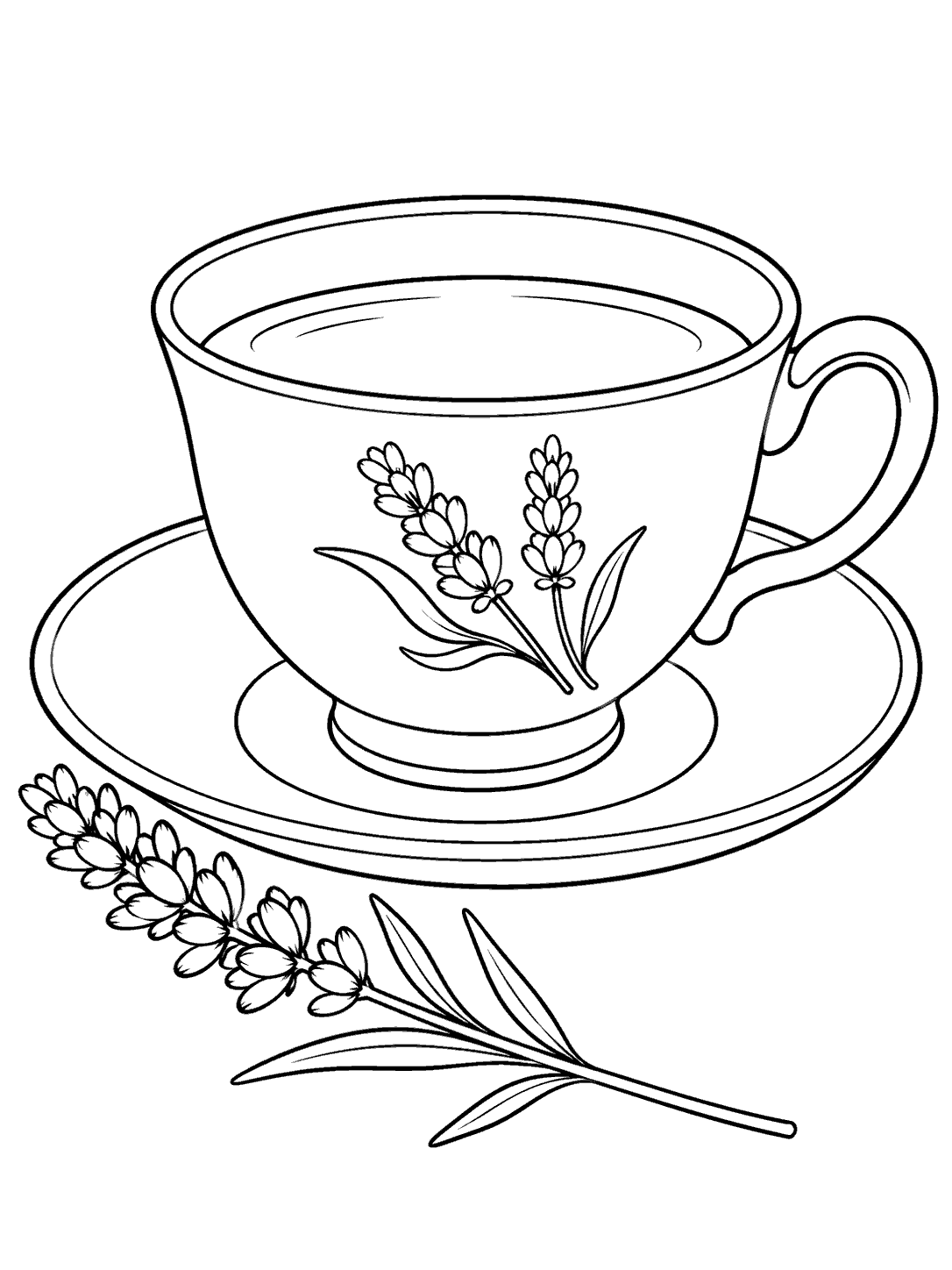 Black ink coloring page of a large teacup and saucer with a flower motif and a separate lavender sprig beside it.