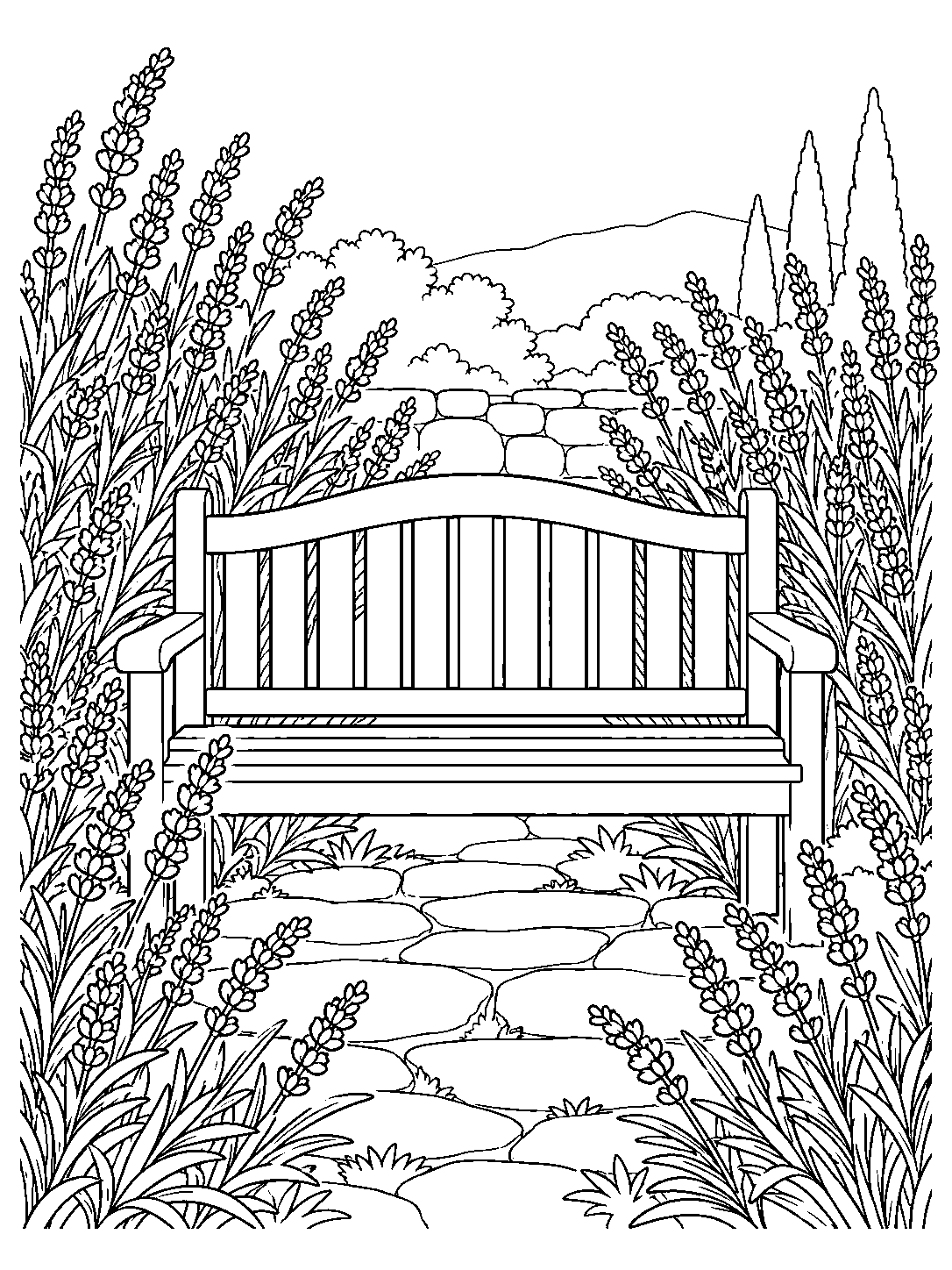 Black and white lavender coloring page showing a slatted garden bench framed by lavender plants, with a stone path and garden behind it.