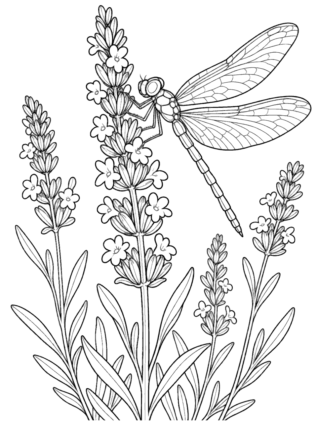 Black line-art coloring page showing a large dragonfly with four patterned wings beside a central lavender stem and surrounding sprigs.