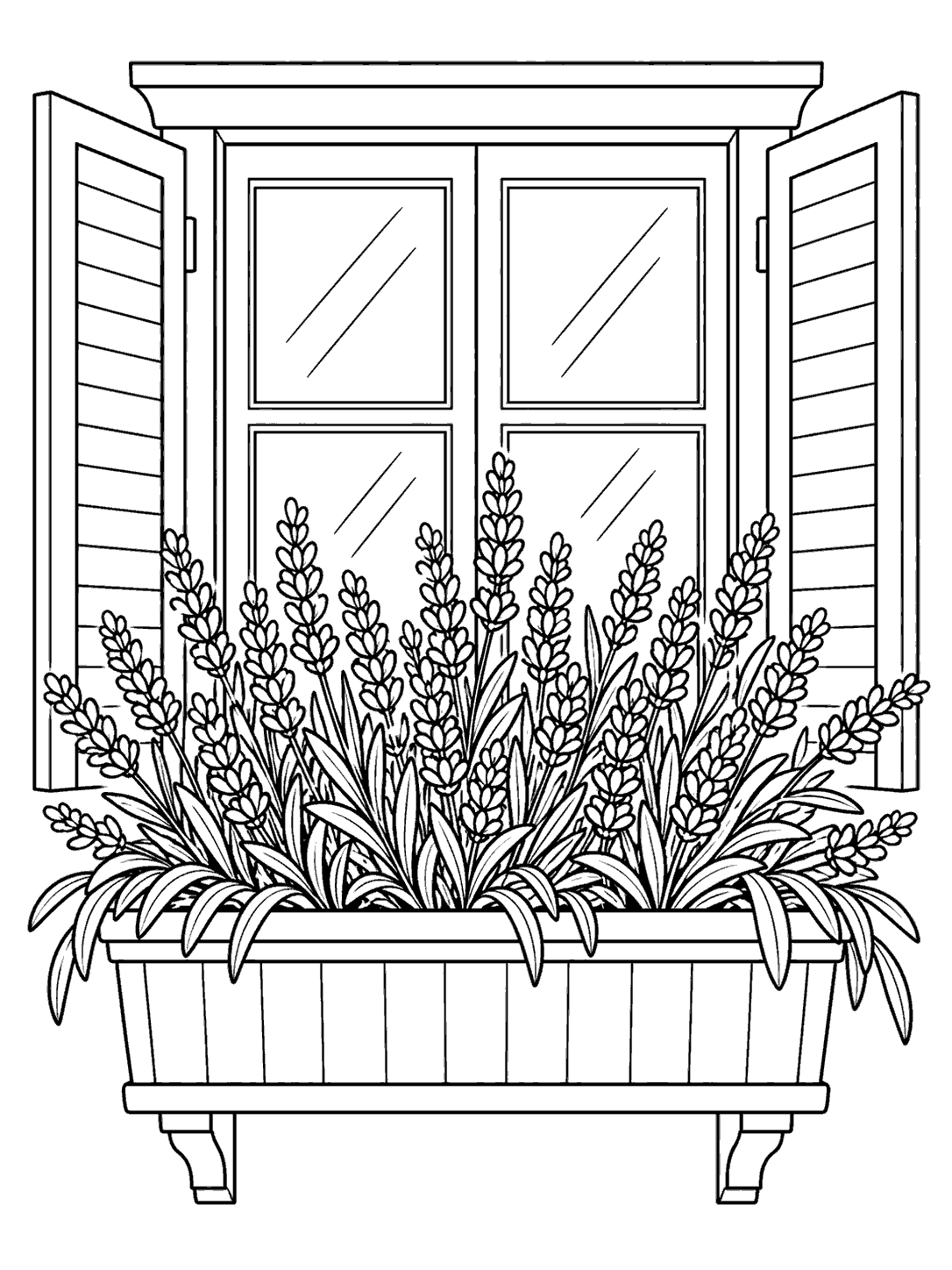 Black-and-white lavender coloring page showing a dense cluster of lavender in a rectangular window box, with an open four-pane window behind it.
