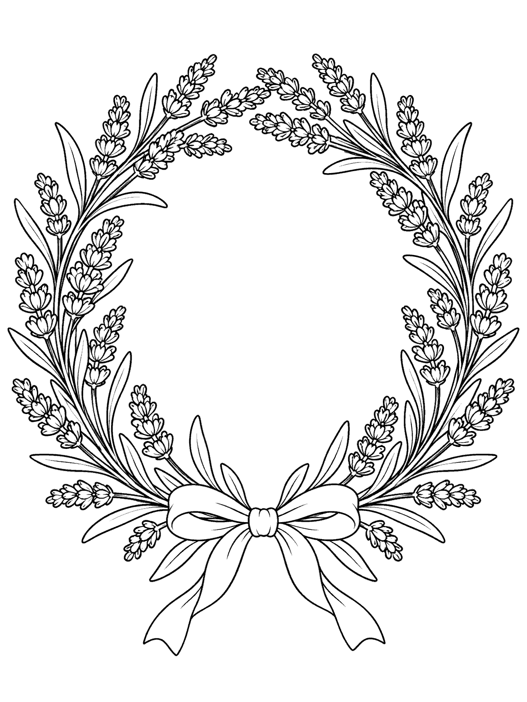 Black-outline lavender wreath with leaves and a large bow at the bottom on a white coloring page.