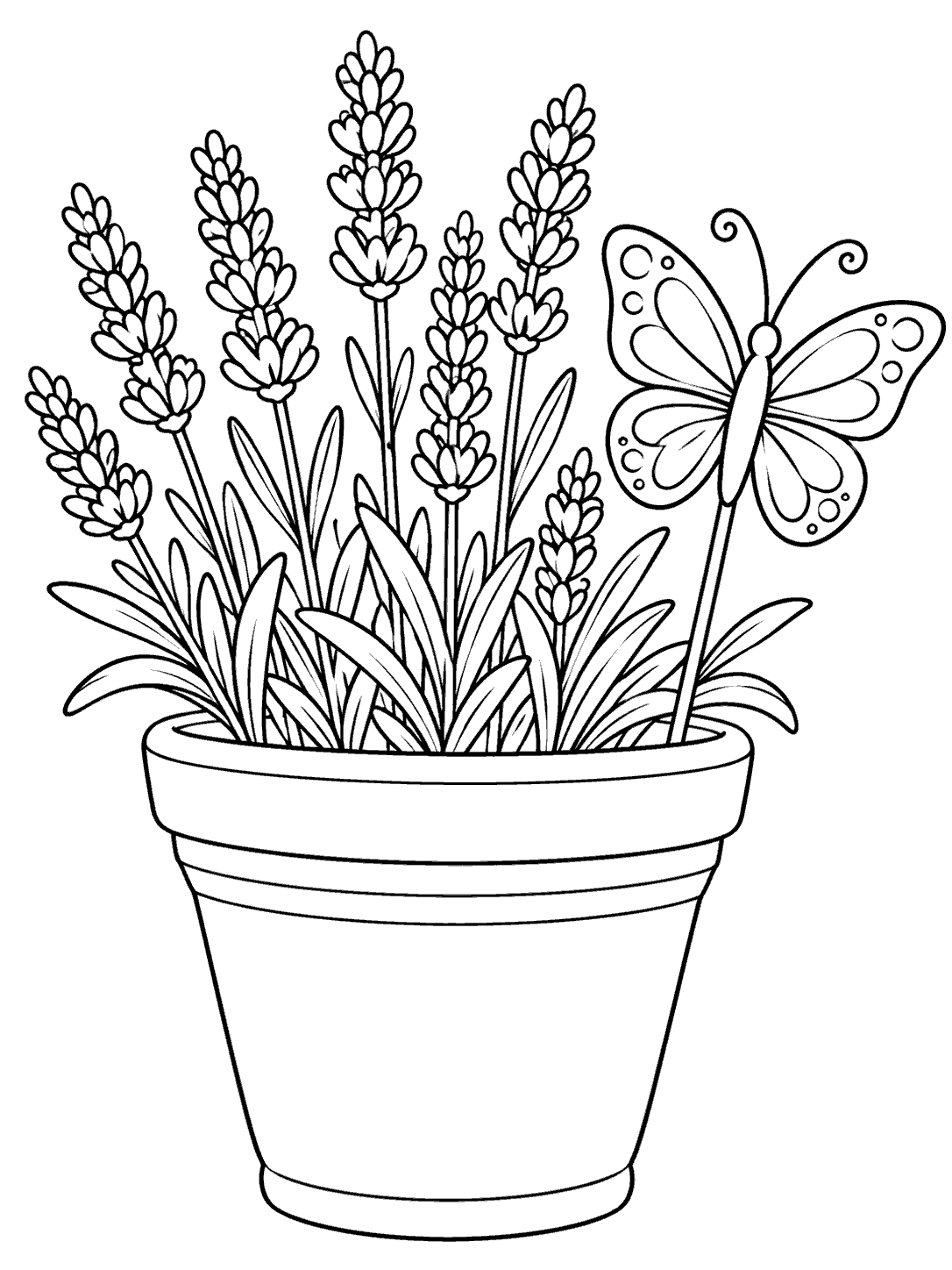 Lavender coloring page with butterfly garden marker and potted lavender