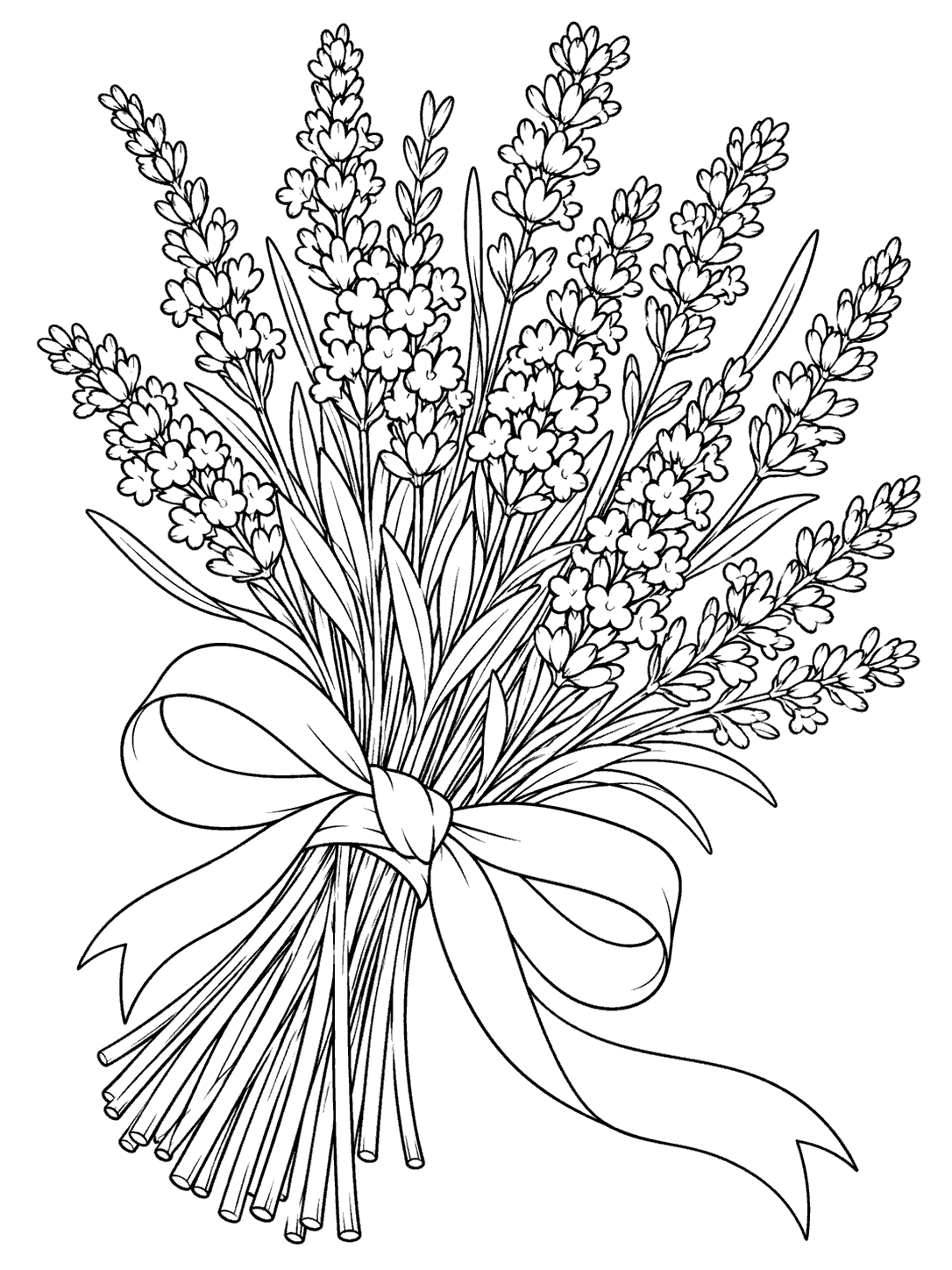 Black and white lavender coloring page showing a hand-tied bouquet with varied flower spikes, visible stems, and a wide ribbon bow.