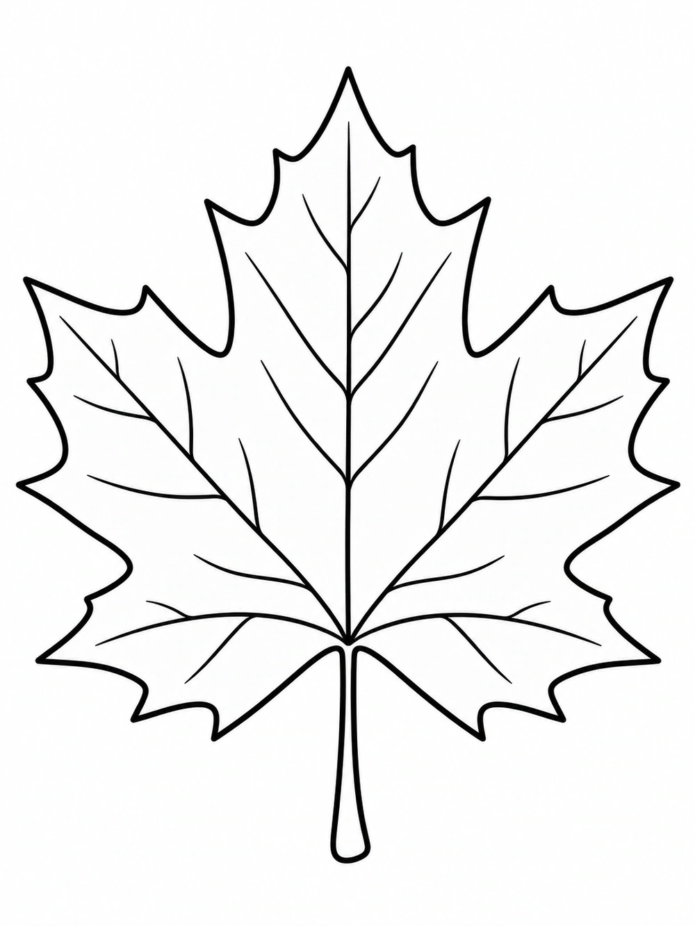 A centered black-and-white maple leaf coloring page with broad pointed lobes, a clear midrib, and branching veins.