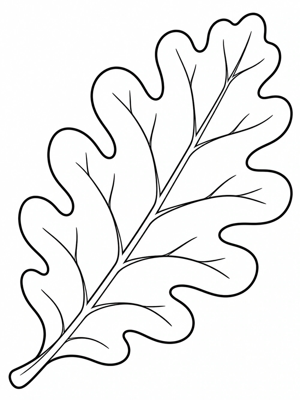Oak leaf coloring page with a diagonal stem and clear veins.
