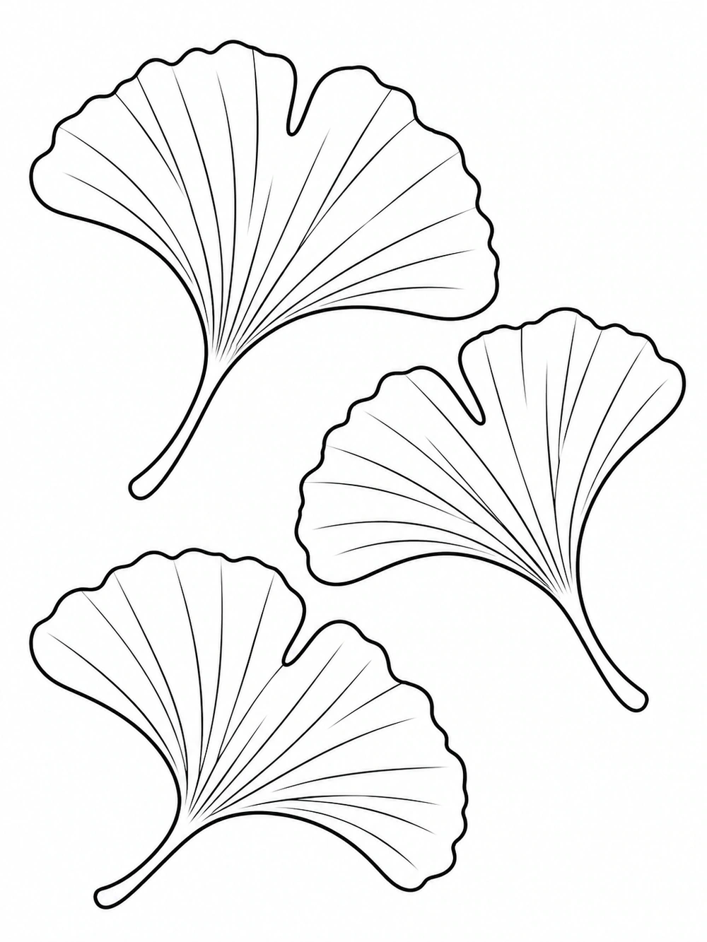 Printable black-and-white coloring page with three scalloped ginkgo leaves and radiating veins.