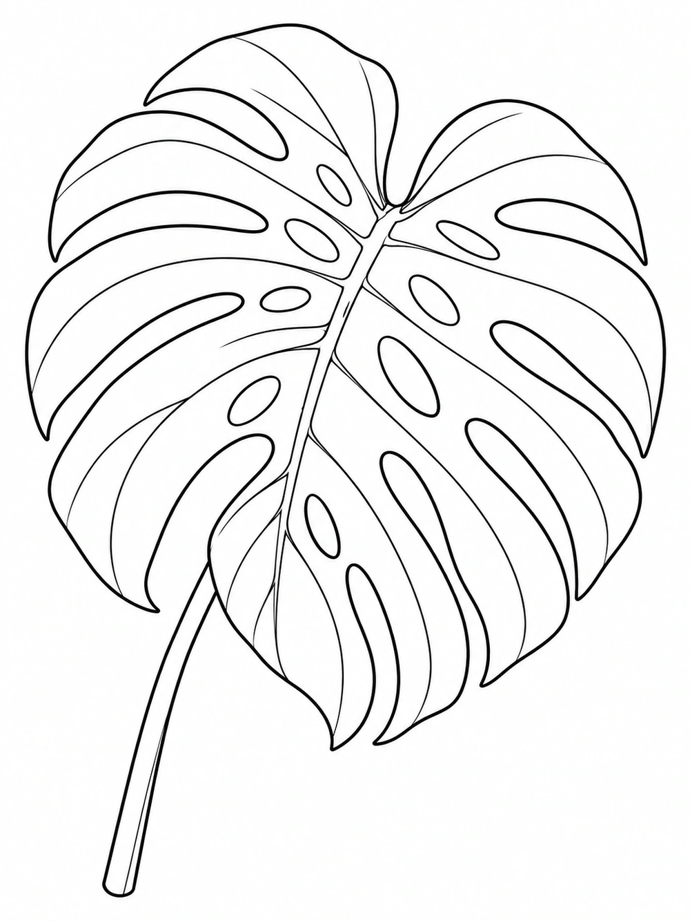 Black-and-white monstera leaf coloring page with a long curved stem, broad split lobes, and oval openings on a white background.
