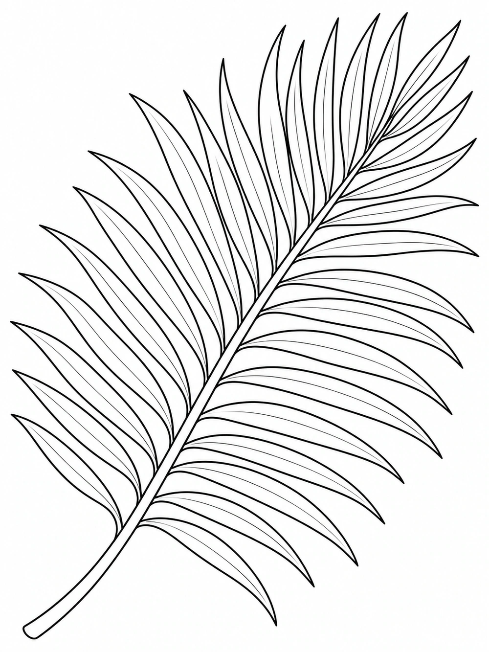 A single palm frond with individually outlined leaflets sweeping diagonally across a white coloring page.