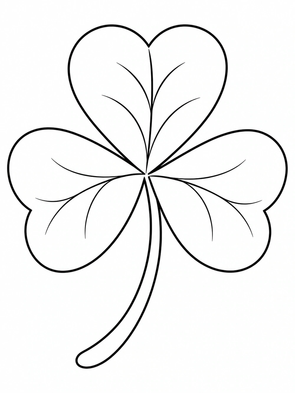 Clover leaf coloring page with three open, heart-shaped leaflets and a curved stem.