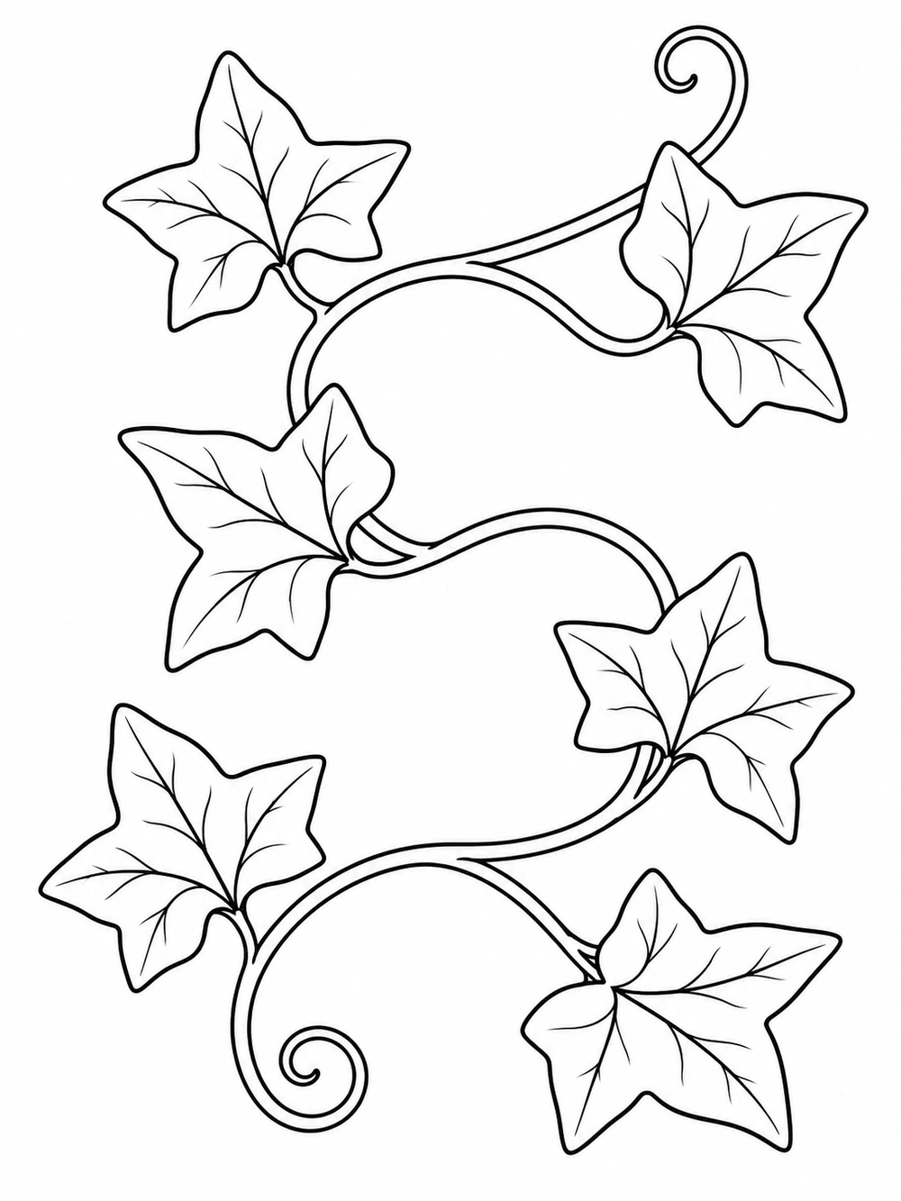 Black-and-white ivy coloring page with six pointed, veined leaves along a looping vine.