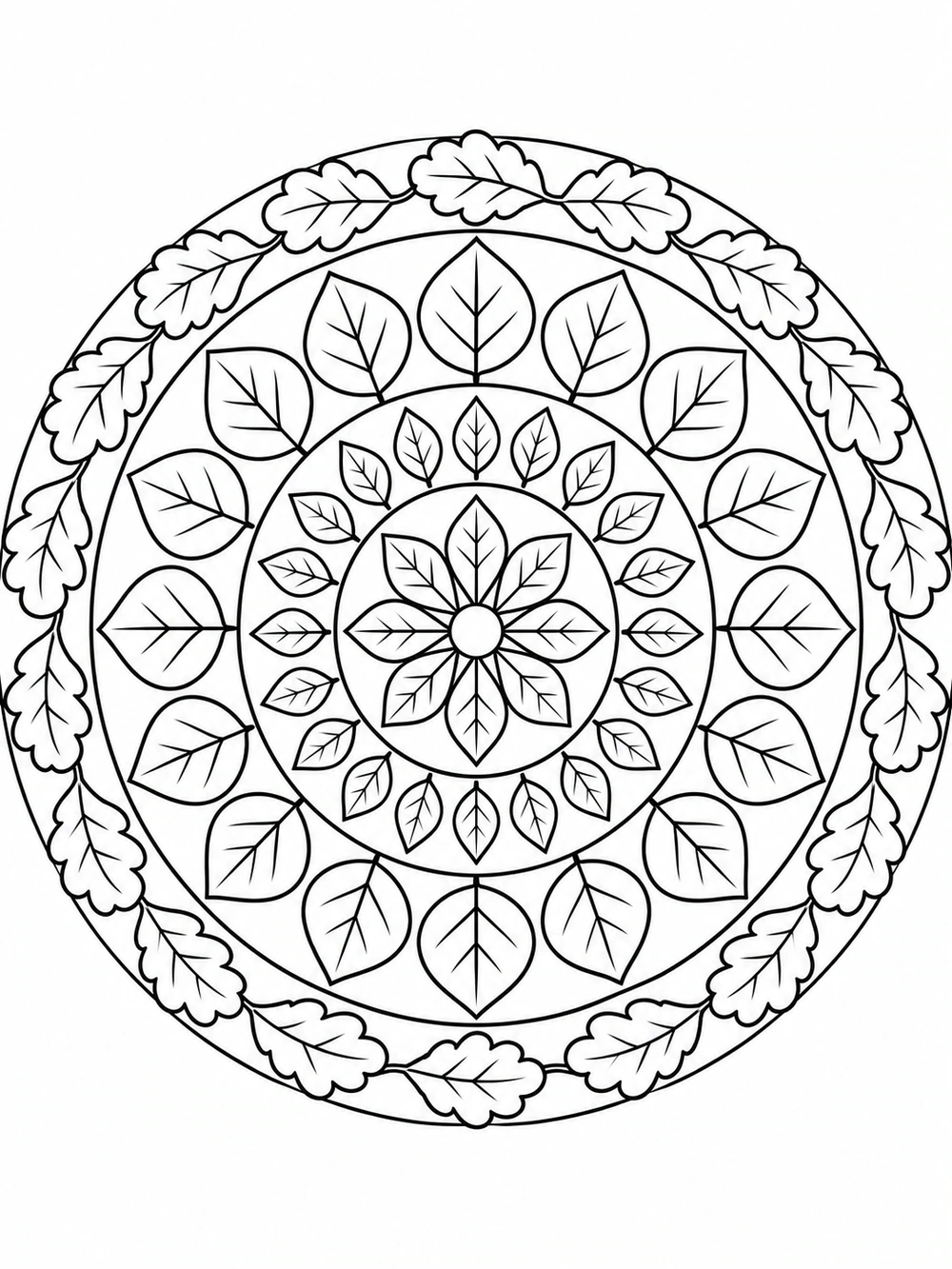 Black outline leaf mandala with four concentric rings on a white portrait page.