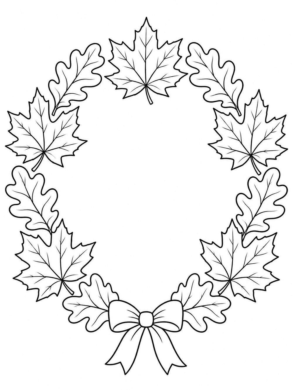 Black-and-white leaf wreath coloring page with alternating maple and oak leaves and a bow at the bottom.