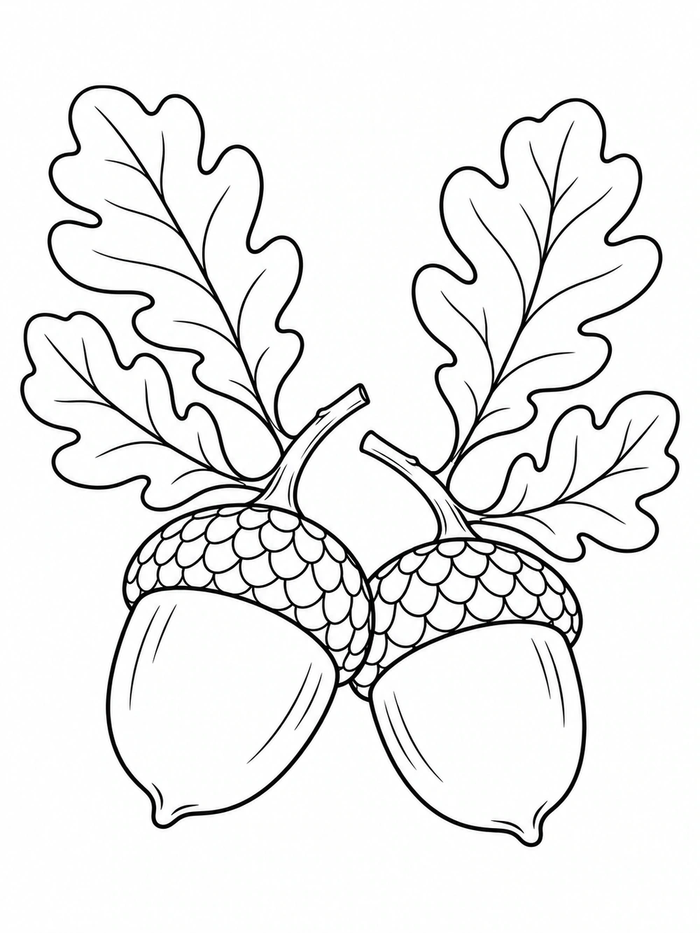 Black-and-white coloring page showing two inward-angled oak sprigs around two large acorns with outlined caps.