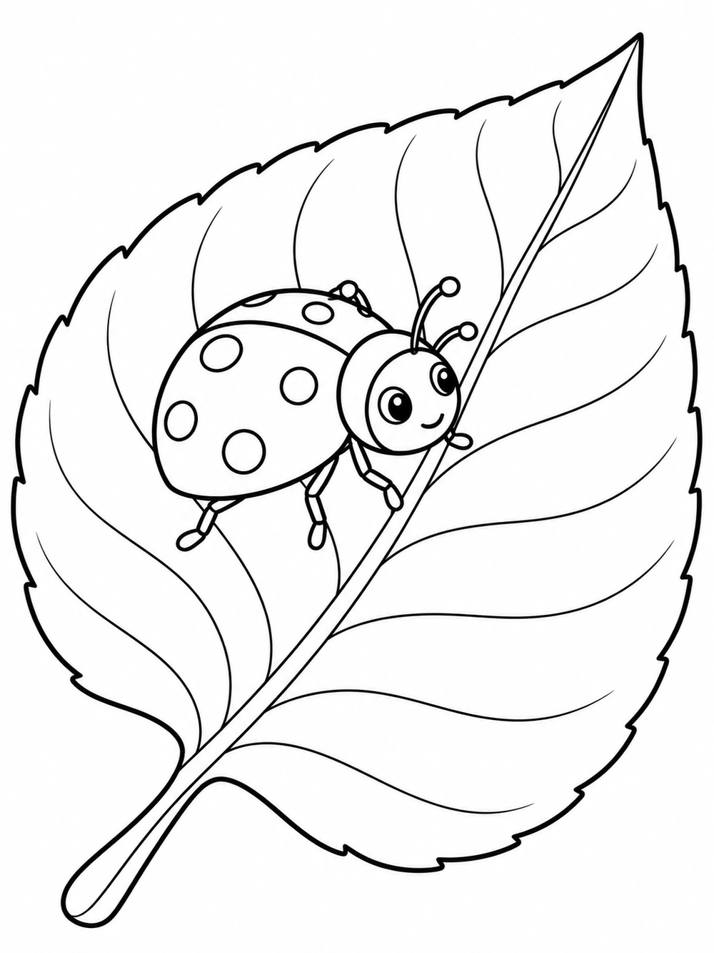 Black-and-white coloring page with a smiling, spotted ladybug perched on a broad veined leaf.