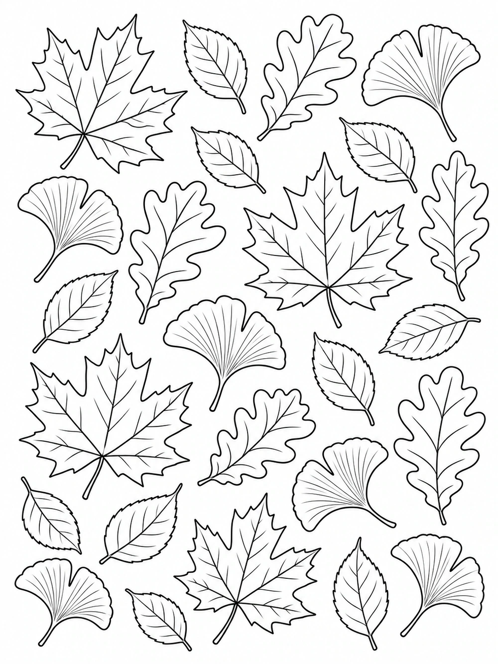 Portrait coloring page with repeating black-outline maple, oak, ginkgo, and oval leaves on white.