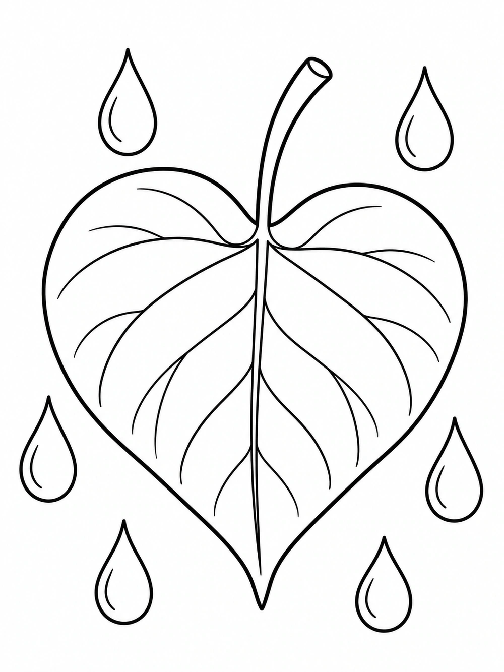 Black outline coloring page featuring one large heart-shaped leaf with a long stem and curved veins, surrounded by six outlined raindrops on white.