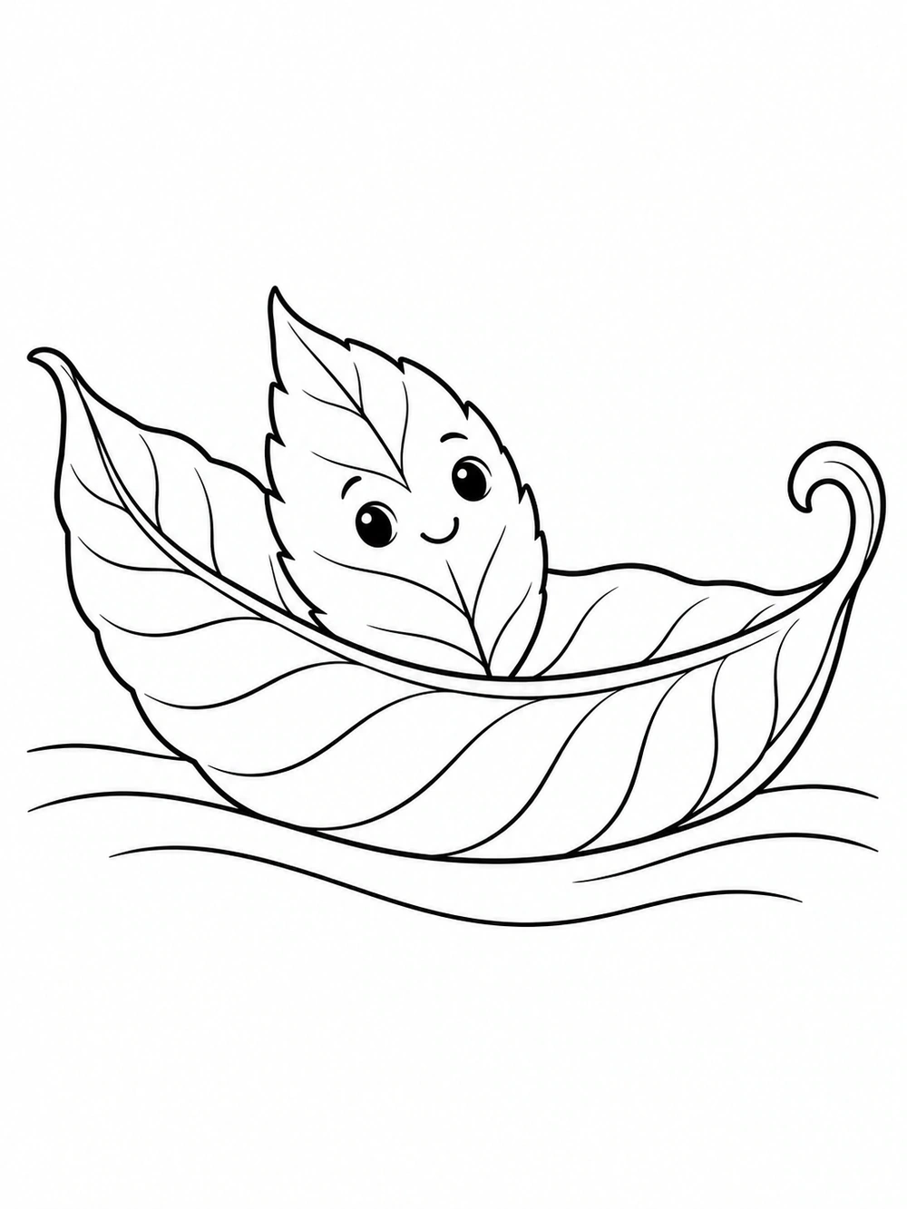 A smiling small leaf riding inside a large curled leaf boat floating on gentle water lines, drawn in black outlines on white.