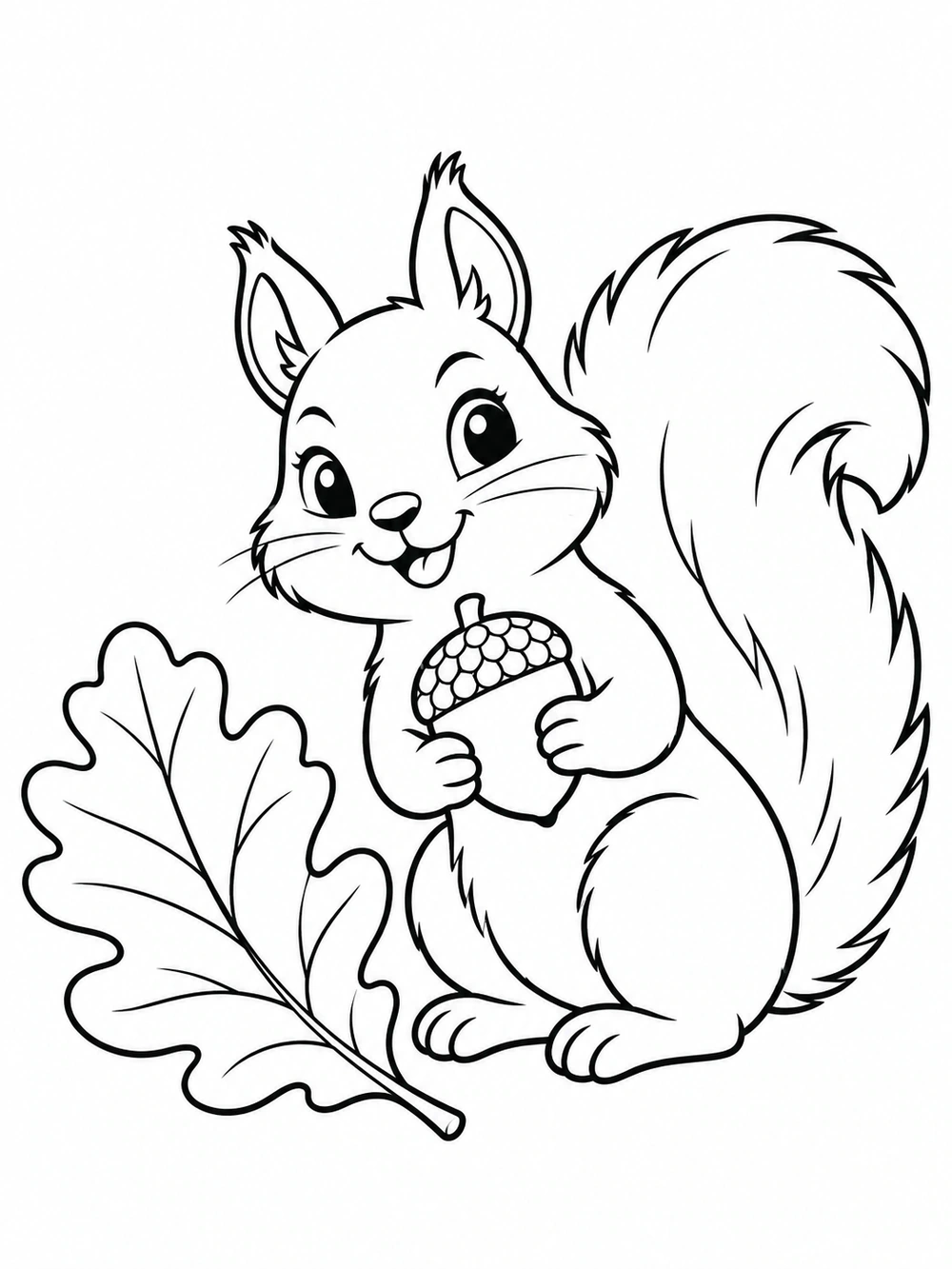 Black-and-white coloring page of a friendly seated squirrel holding an acorn beside a large oak leaf.