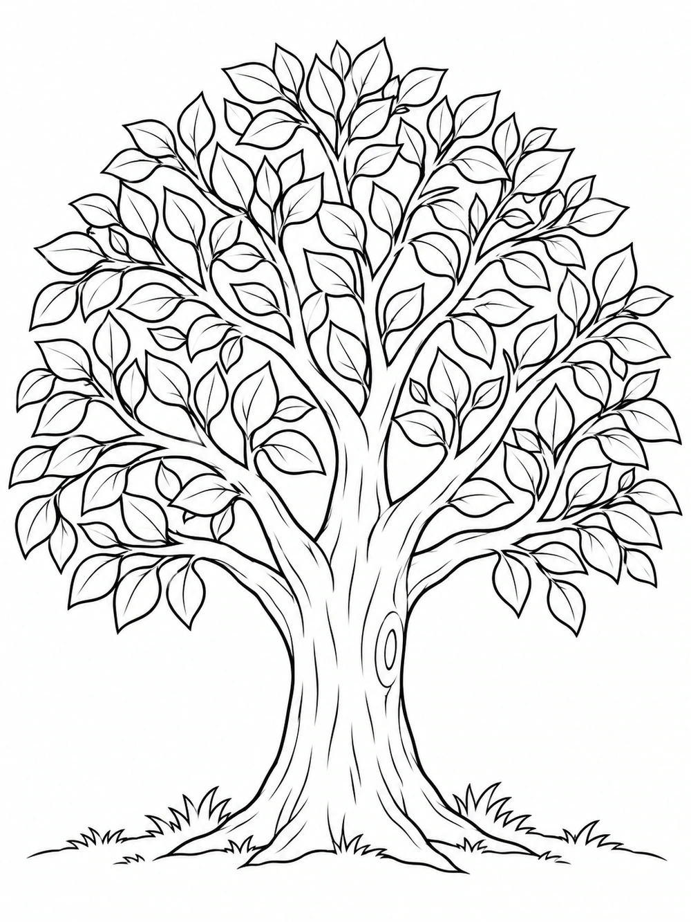 Black-and-white coloring page showing a broad leafy tree with a sturdy trunk and short ground line.