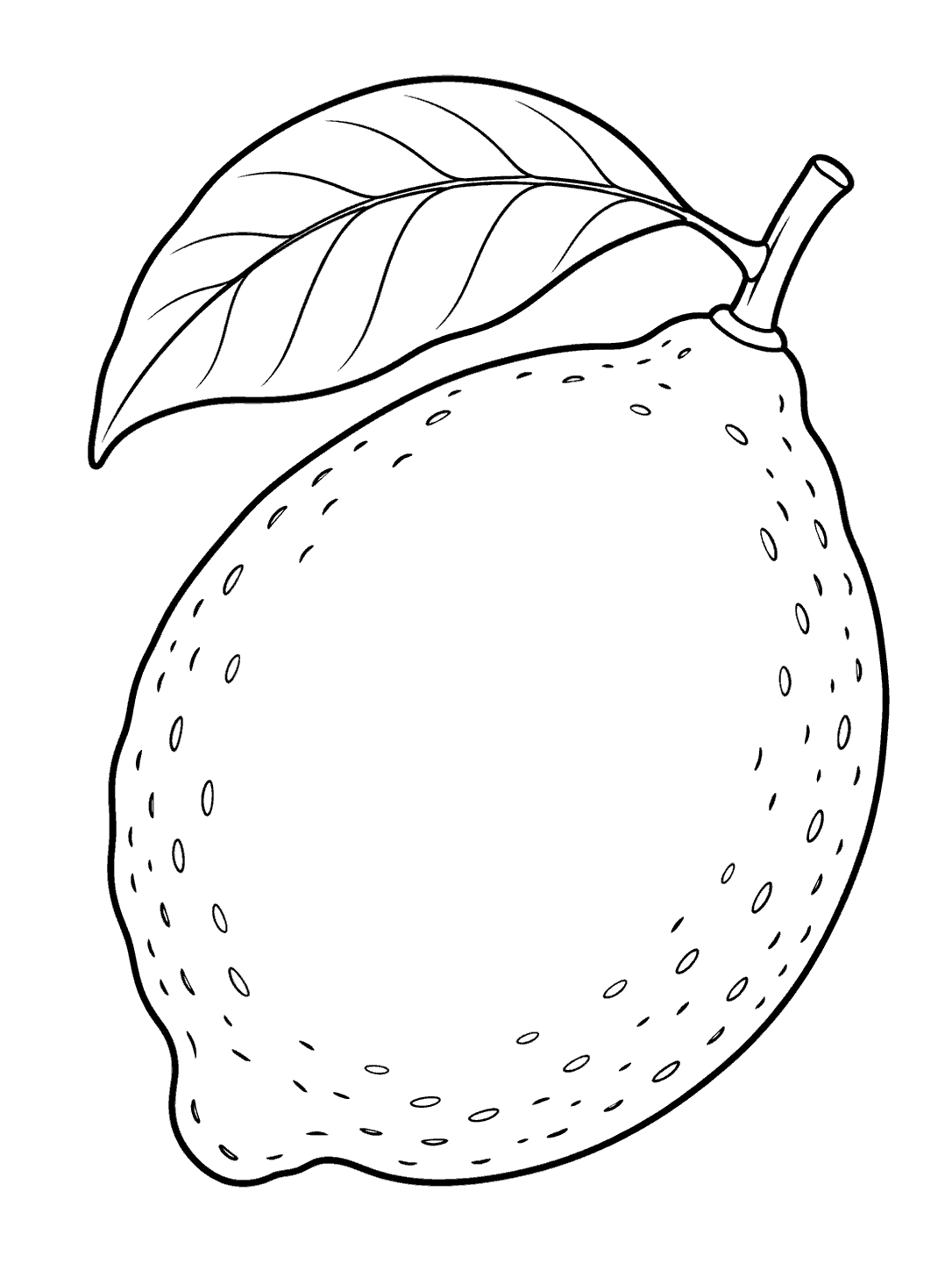 Black outline drawing of a large tilted whole lemon with a short stem and broad veined leaf.