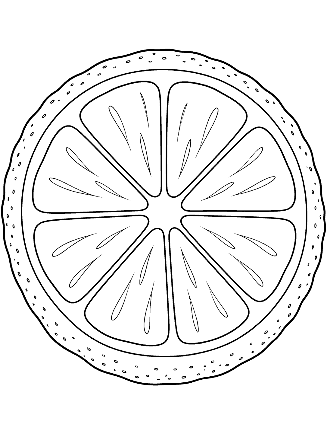 Black outline coloring page of one large round lemon slice with a dotted rind and broad wedge segments.