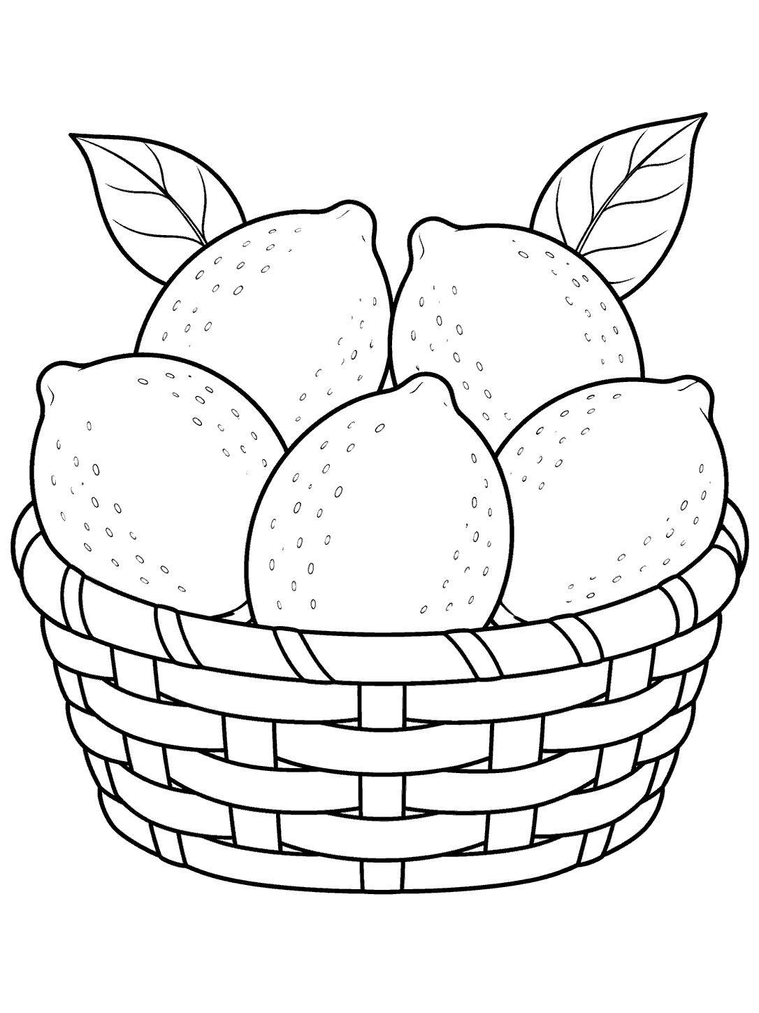 Five whole lemons with dotted rind details and two leaves sit in a wide woven basket.