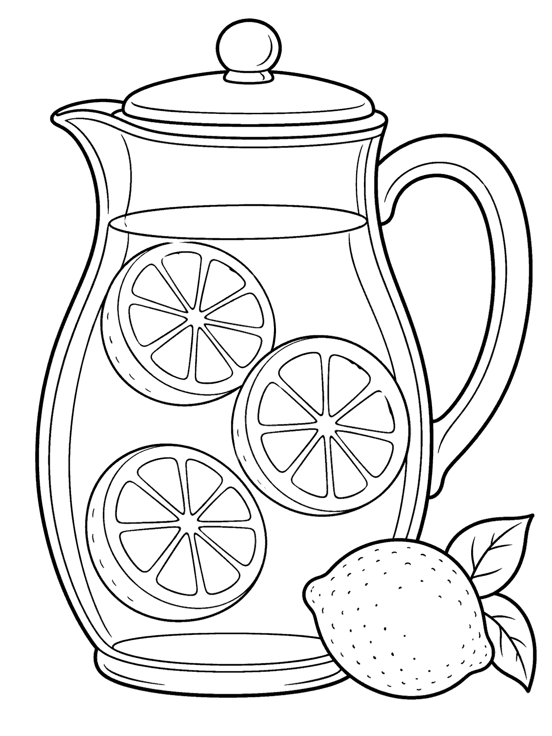 Black outline coloring page of a tall glass lemonade pitcher with a wide handle, simple lid, three lemon slices inside, and a small lemon with leaves beside the base.