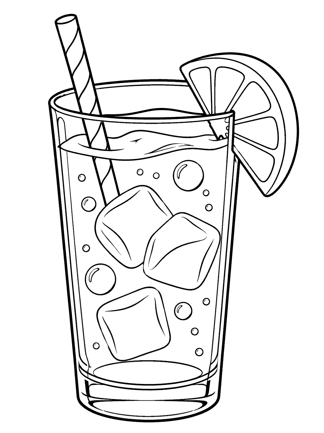 Black outline coloring page showing a tall glass of lemonade with a striped straw, ice cubes, bubbles, and a lemon wedge on the rim.