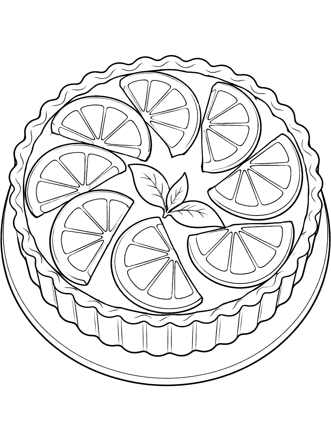 Round lemon tart topped with an orderly ring of lemon slices on a serving plate.