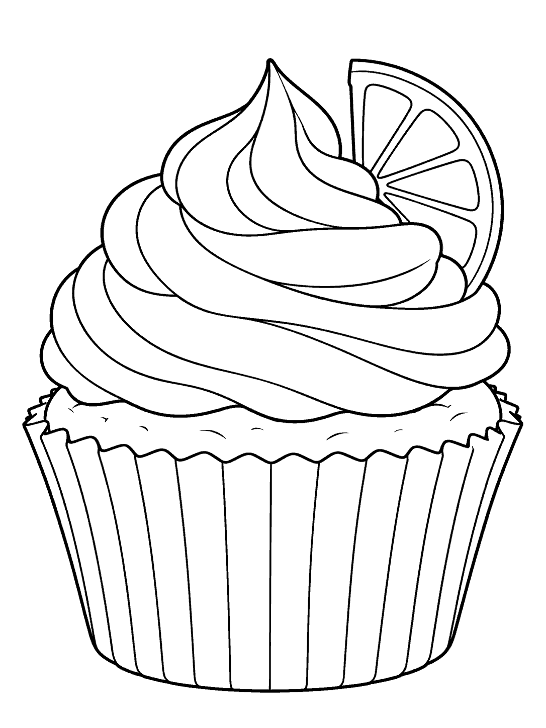 Large cupcake with a pleated wrapper, tall swirled frosting, and lemon slice garnish in black outline on white.