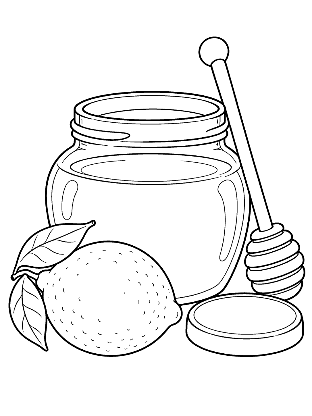 A wide honey jar, its lid beside it, a wooden honey dipper, and a whole lemon with leaves in black outline.