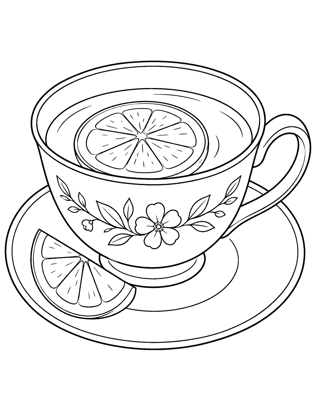 Black outline coloring page of a handled teacup with a lemon slice floating in the tea and a second lemon wedge on the saucer.