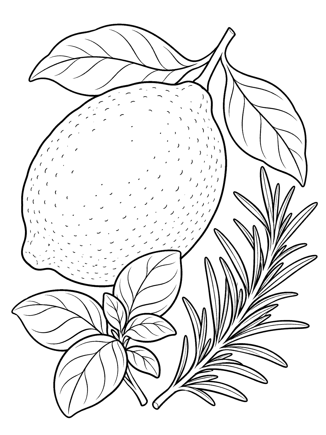 Large outlined lemon with broad rounded leaves and a separate narrow-leaved herb sprig, arranged diagonally on a white coloring page.