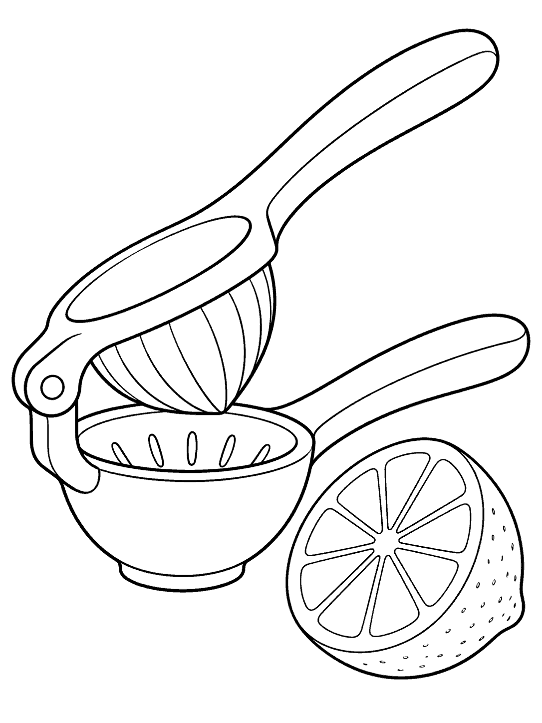 Open manual citrus press beside a cut lemon half with a segmented interior.