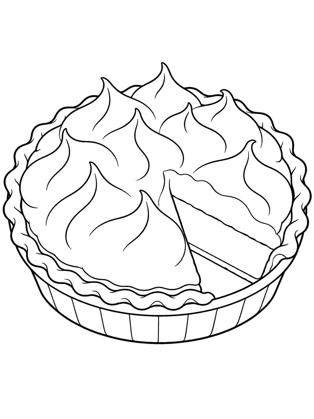 Lemon meringue pie in a fluted dish, with rounded meringue peaks and a slice outline.