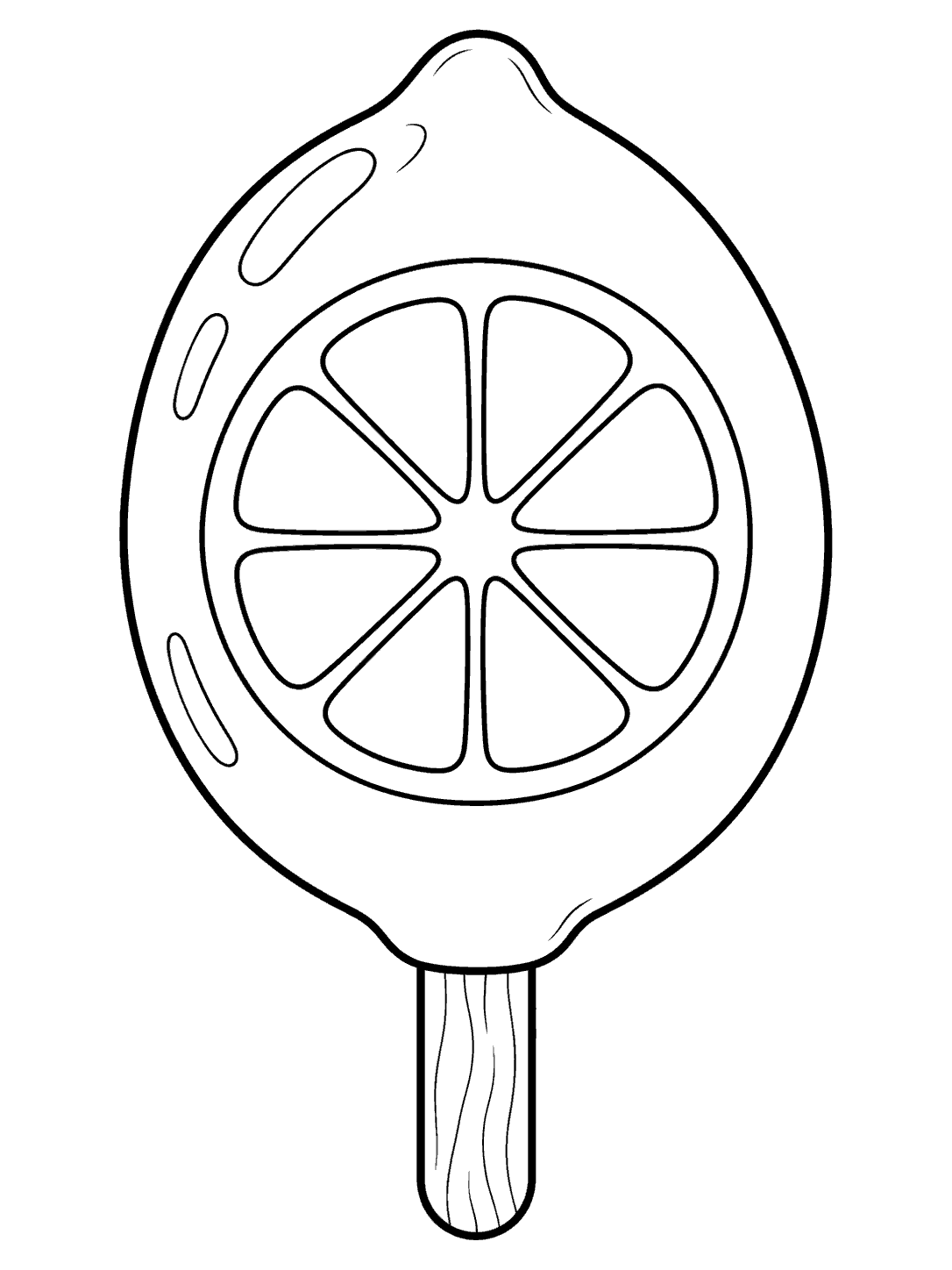 Oversized lemon-shaped ice pop with a wooden stick and broad lemon-slice segments on a white page.