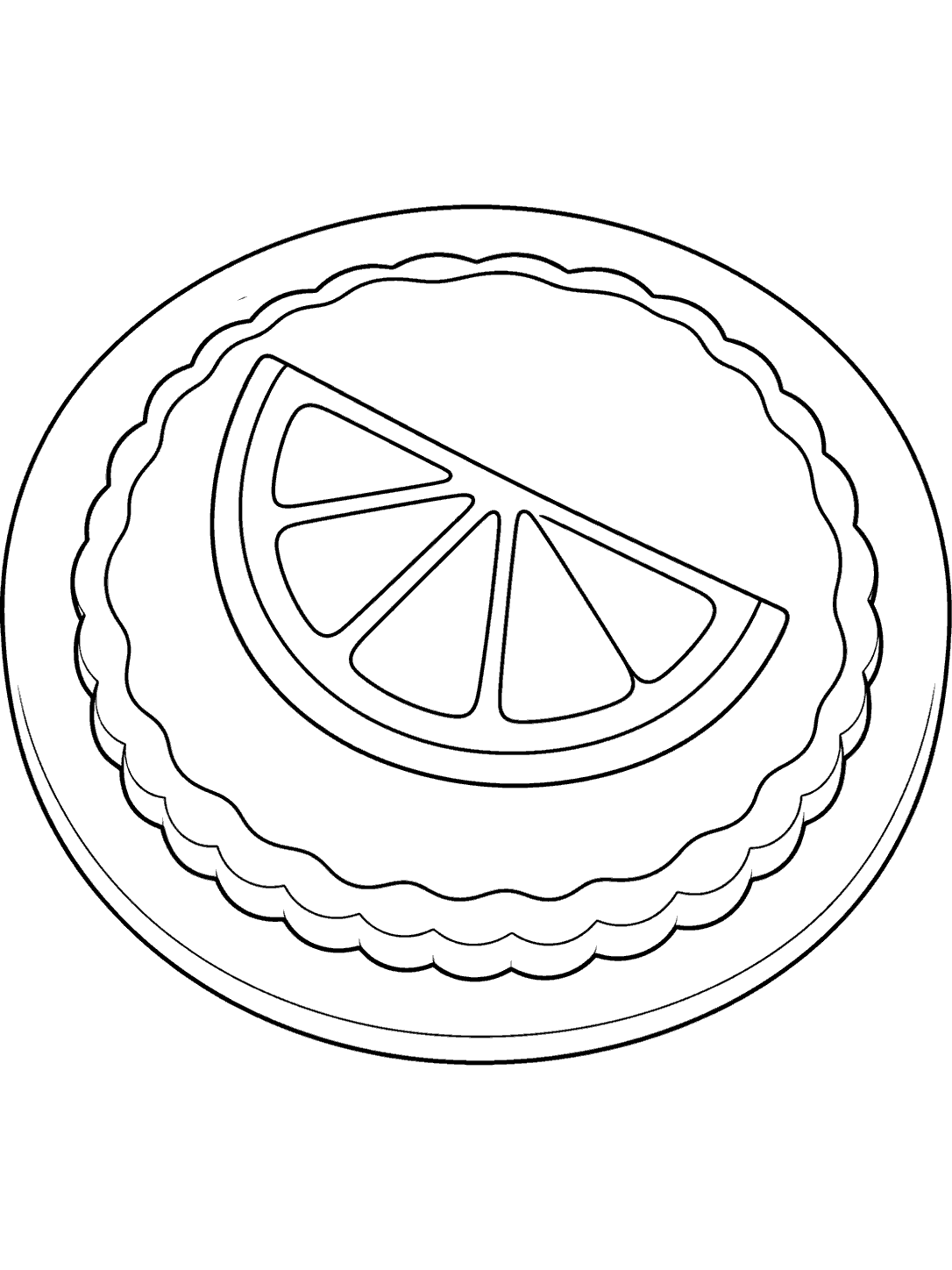 Black outline coloring page of a round scalloped iced cookie on a plate, decorated with a lemon wedge.