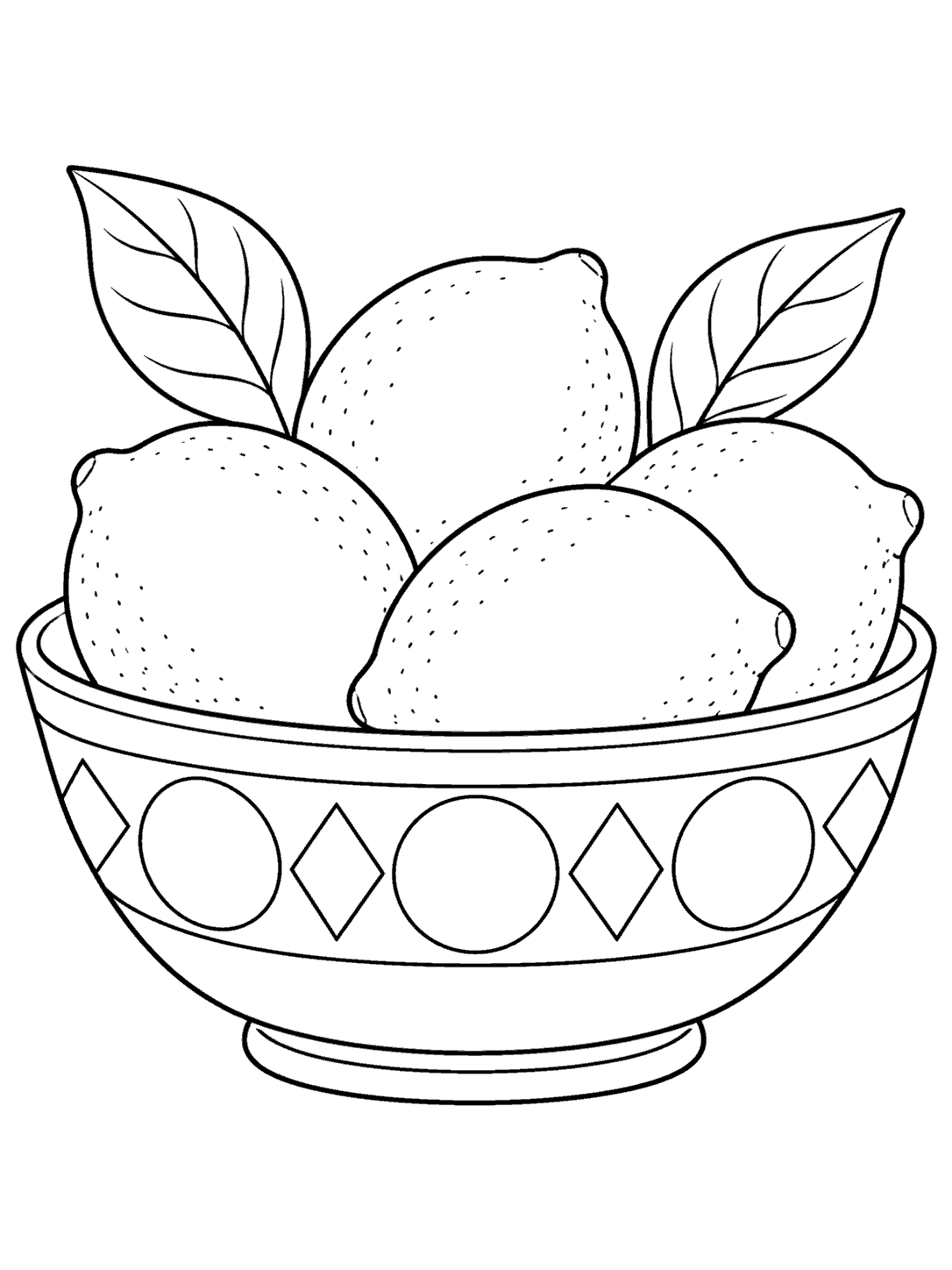 Black ink coloring page showing four distinct lemons and two leaves in a front-facing bowl with a broad geometric band.